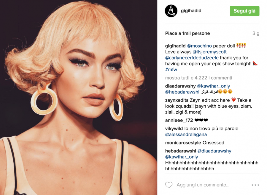 MFW, su Instagram oltre ai brand del Made in Italy spicca la top Gigi Hadid